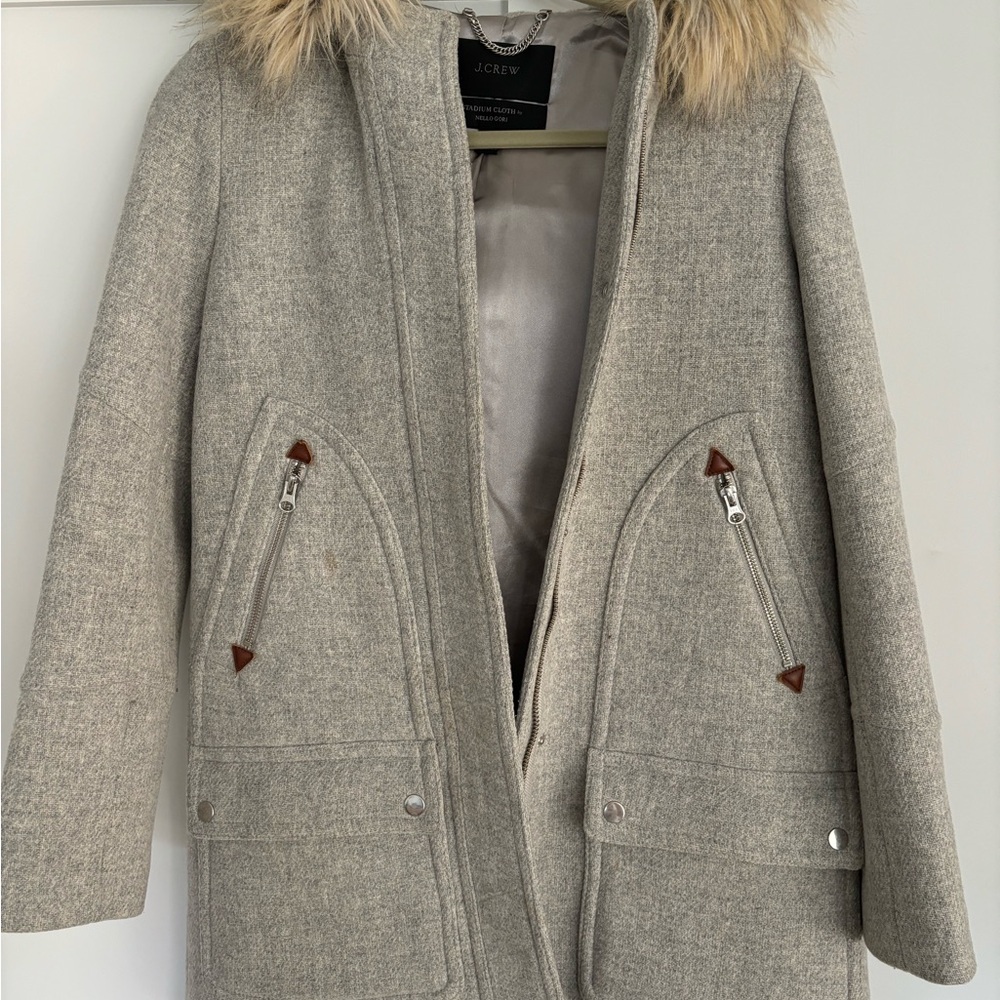 J. Crew Women's Tan Trench Coat with Faux Fur Collar